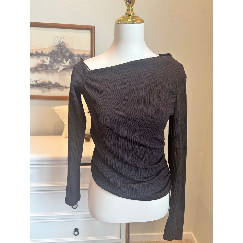 Off Shoulder Asymmetric Plisse Top Pull&Bear Ruched Long Sleeve Textured Brown L